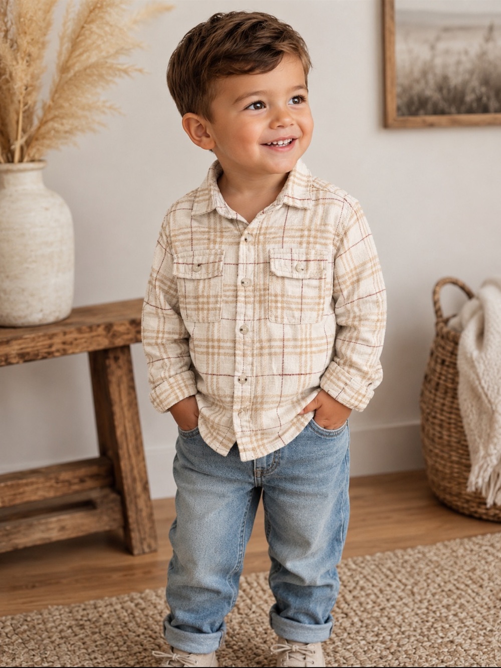 Rylee + Cru Beige Plaid Flannel Button Down Shirt Boys 4-5 Cotton